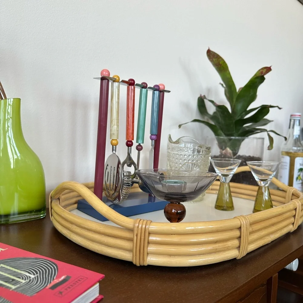 Bamboo wooden bar cart serving tray with handles